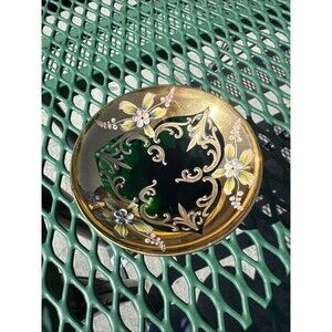 Salviati & Co Hand Painted Blown Glass Pedestal Bowl/Trinket Dish Emerald Vtg
